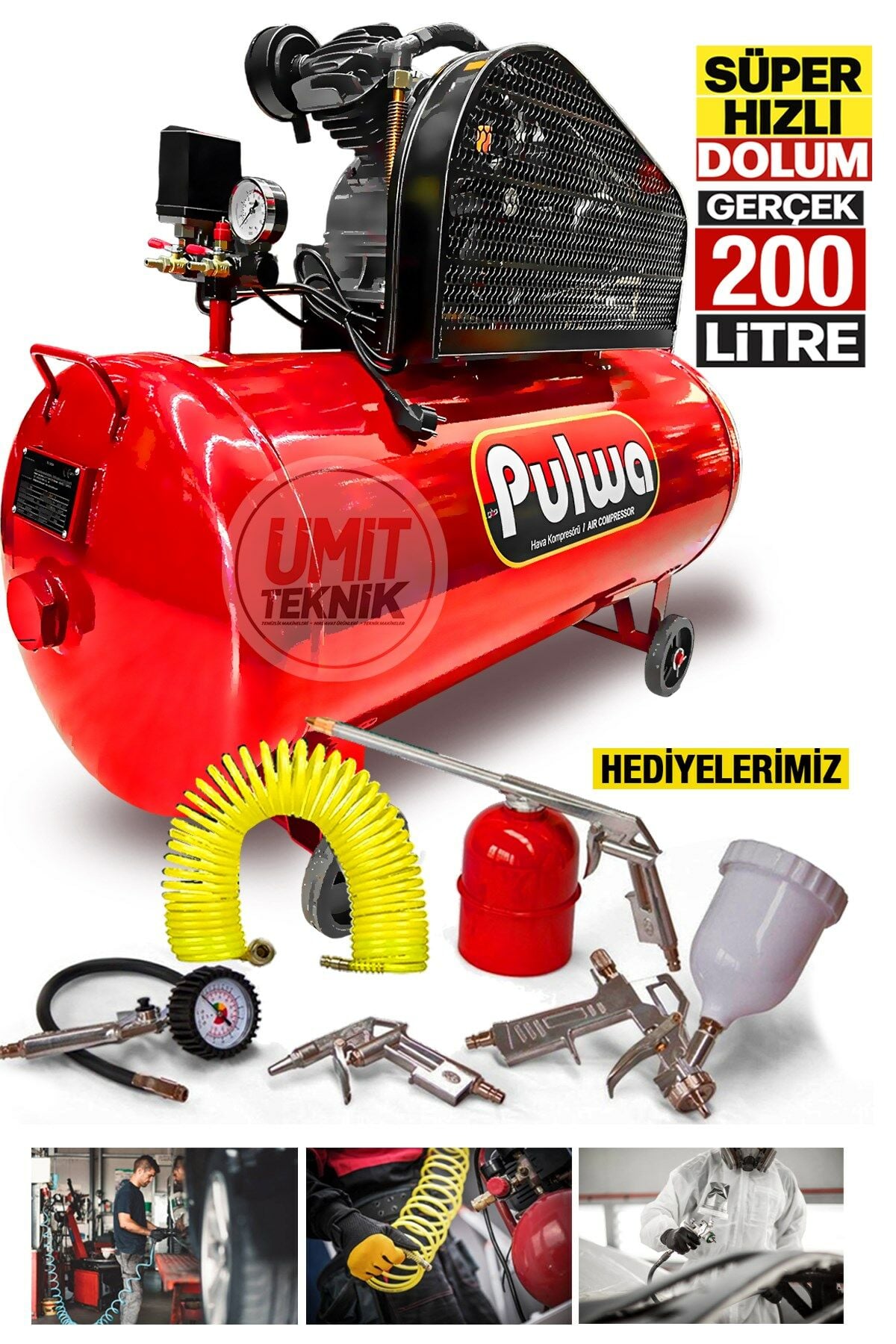 200 Litre 8 bar/ 3hp Bakır Sargı  Hızlı Dolum Çift Pistonlu  Yağlı Sesli Kompresör havalı Set