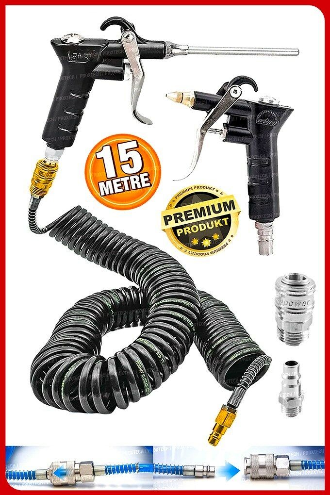 Havalı 15 METRE  Kompresör Spiral Hava Hortumu 8 mm 15 mt Hava Jakı  Hava Tabancası Recor Paket