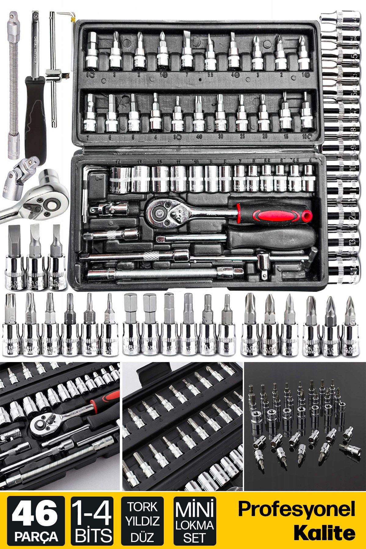 Premium 46 Parça Mini Lokma Takımı Otomatik Cırcırlı 1/4'' Set Yüksek Kalite Kombinasyon Alet Seti