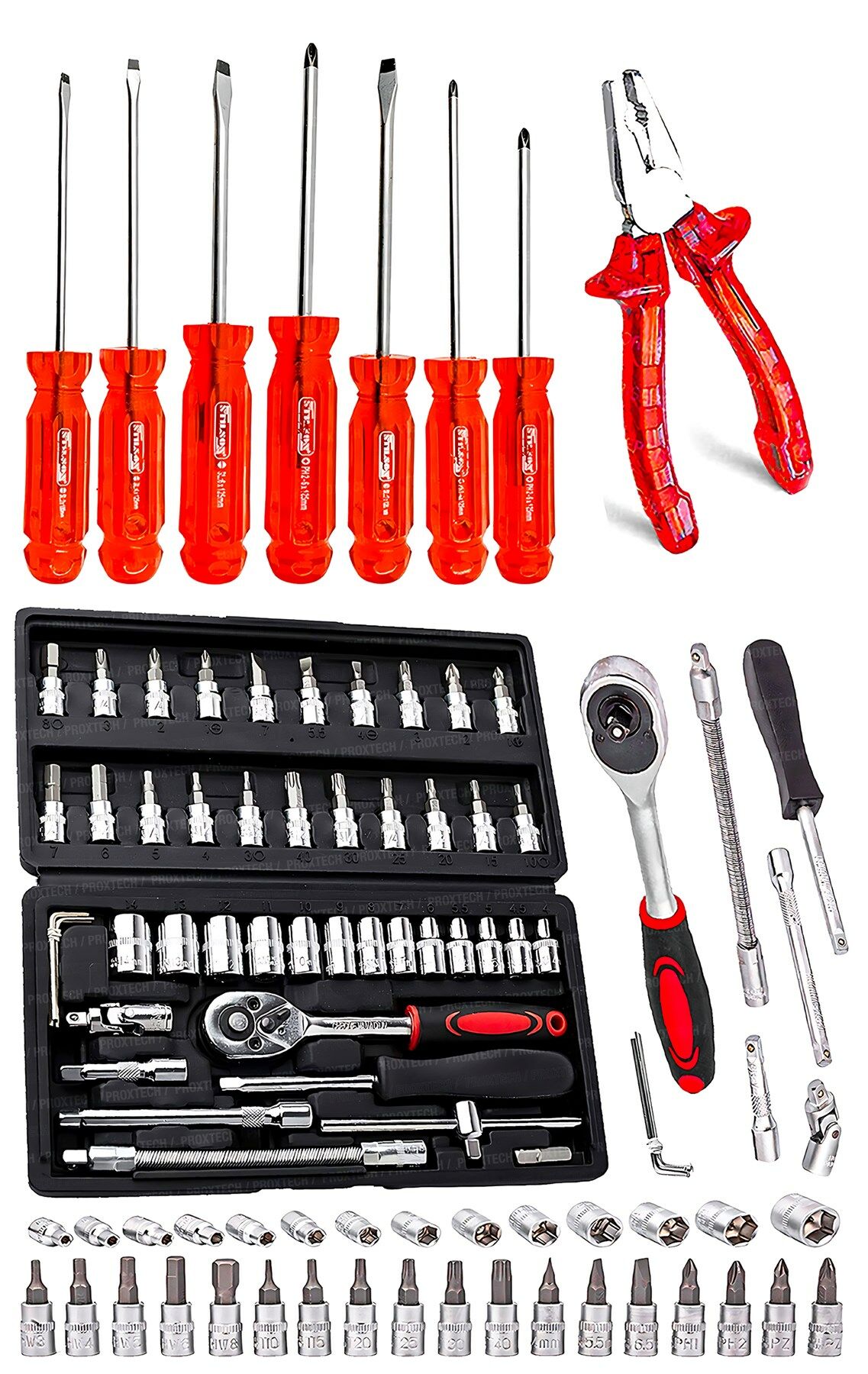 Asetat saplı 7parça Pro Tornavida Takım 46Parça Cırcır Lokma Takımı Otomatik Cırcırlı 1/4'' Paket Set