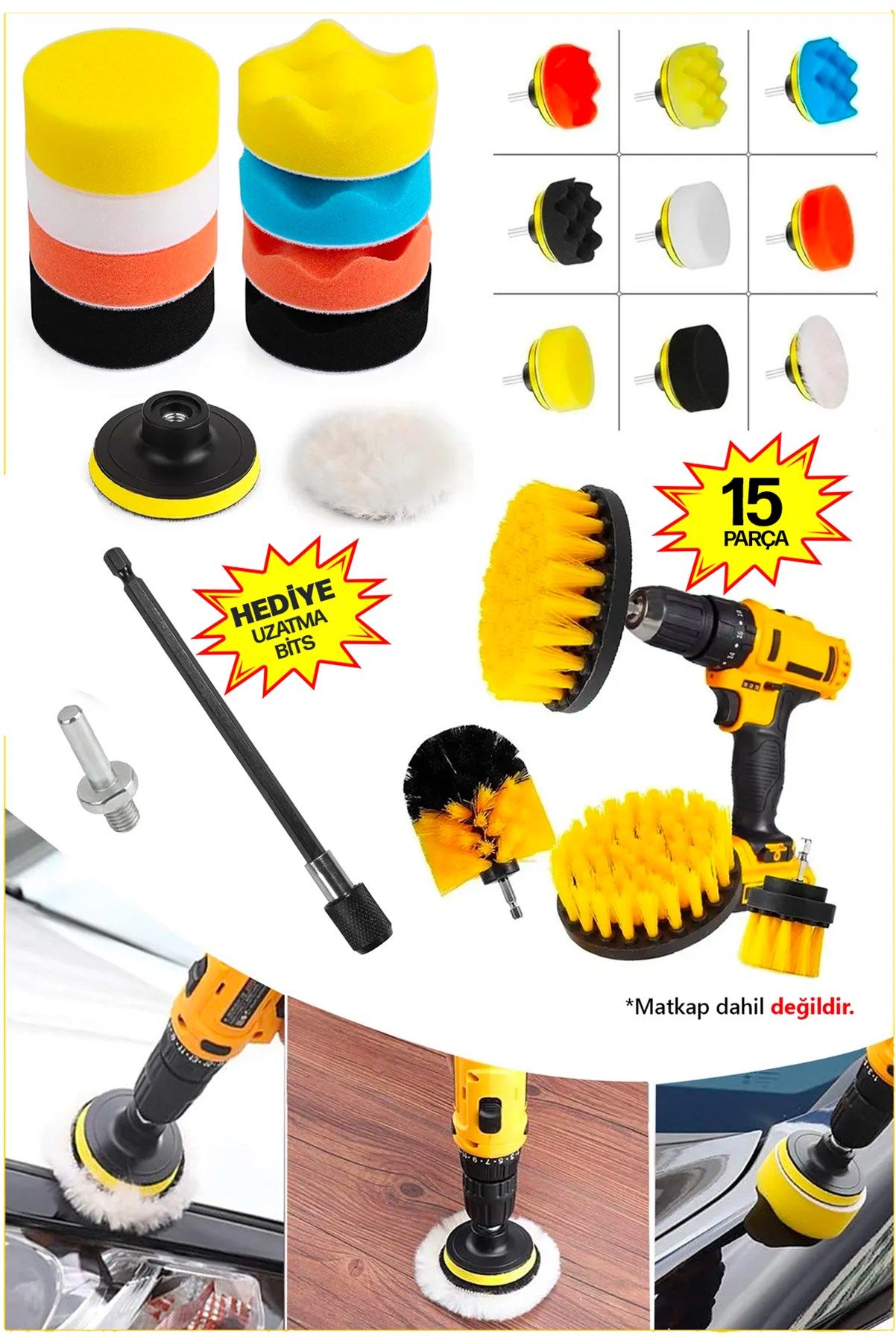 Profesyonel Combo Temizlik 15Parça Pasta Cila Polisaj Süngeri Matkapa Uyumlu Fırça Seti Parlatma Kit