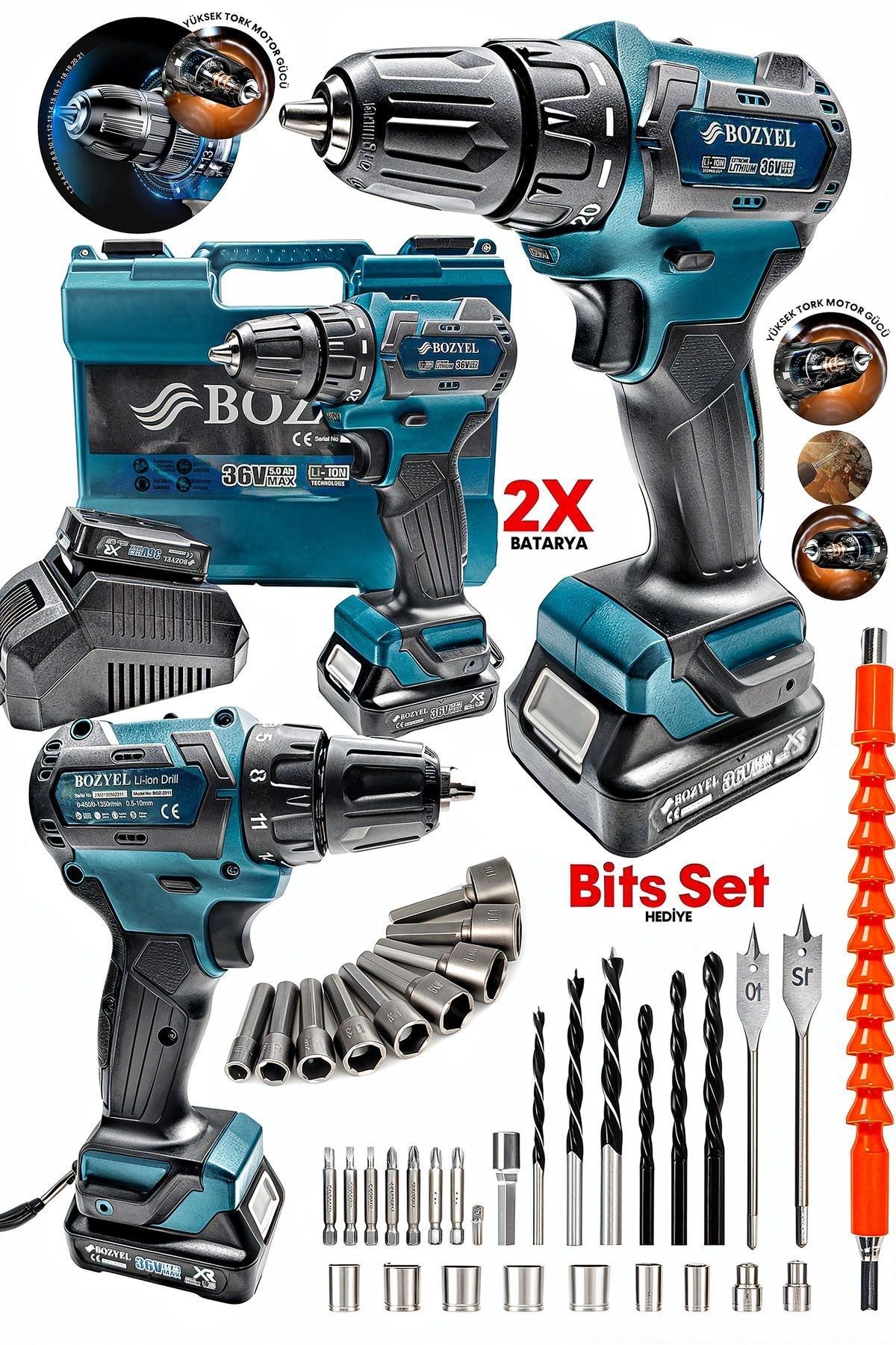 ProX Tech Premium Kalite Kömürsüz Motor Çelik Mandren Darbeli Şarjlı Matkap Akülü Vidalama 36vf