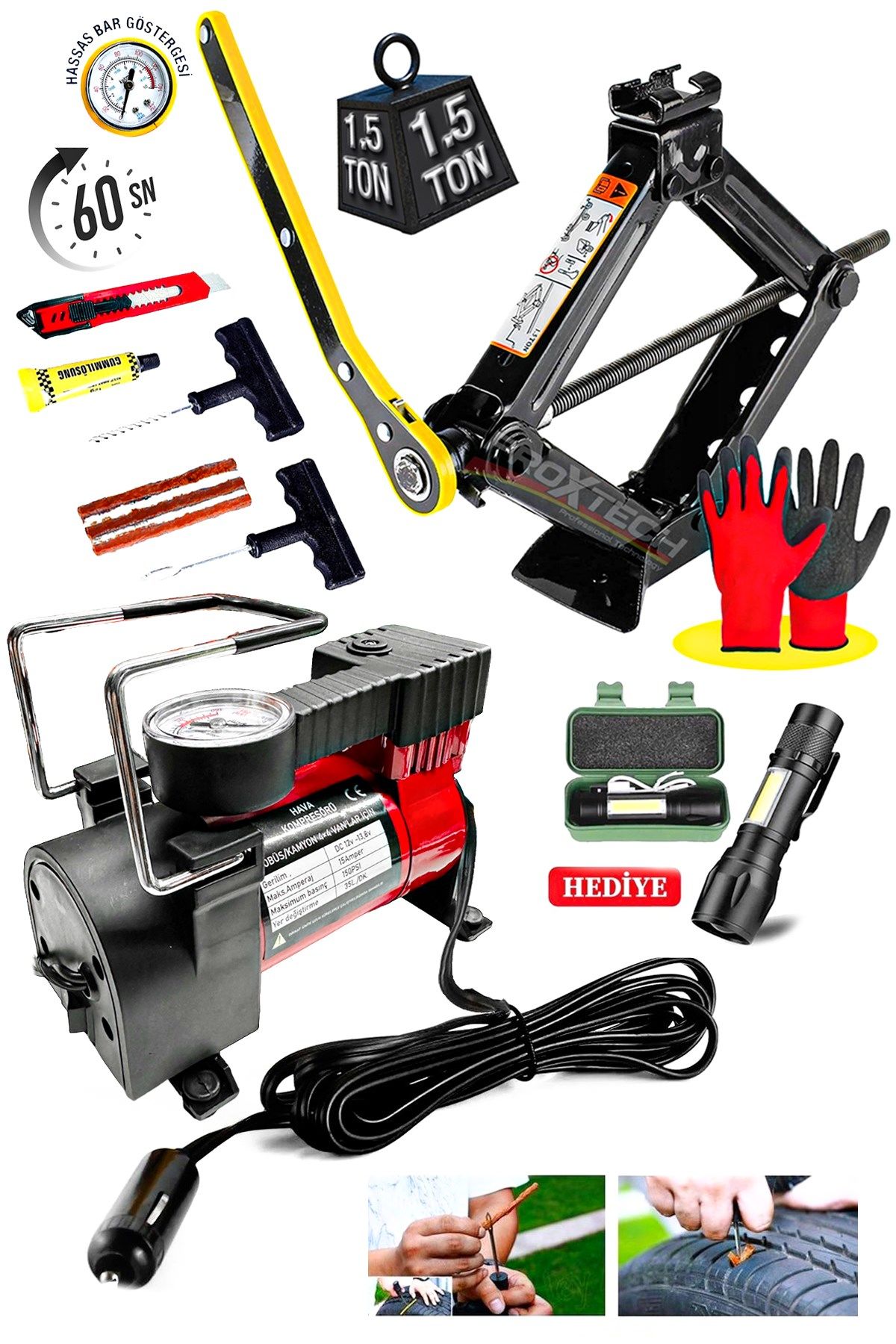 Oto Kit 160-150PSI 12 V Premium Metal Araba Oto Araç Lastik Şişirme Pompası 1500KG Cırıcır Kriko