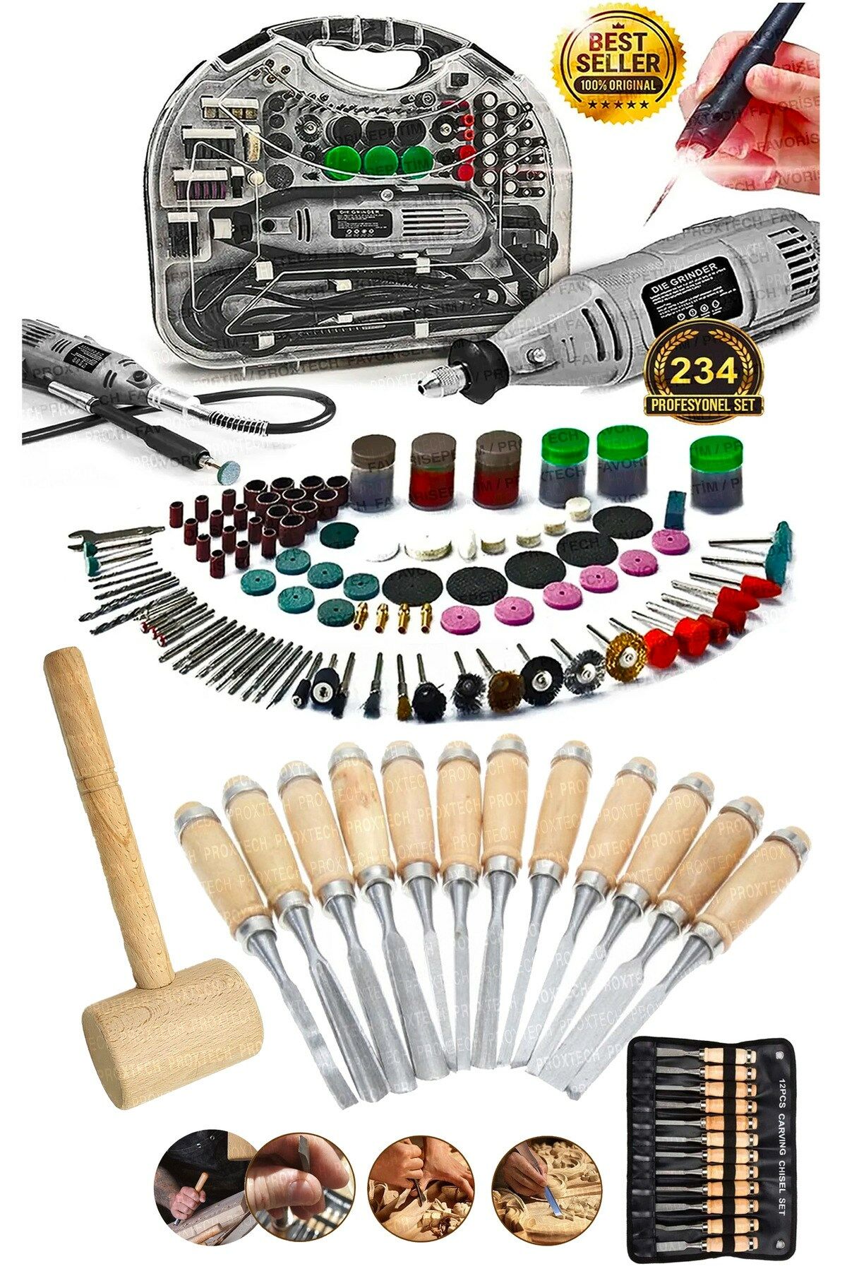 Pro 224 pcs 6 Kademe Devirli Çantalı Dramel Gravür Seti Taşlama