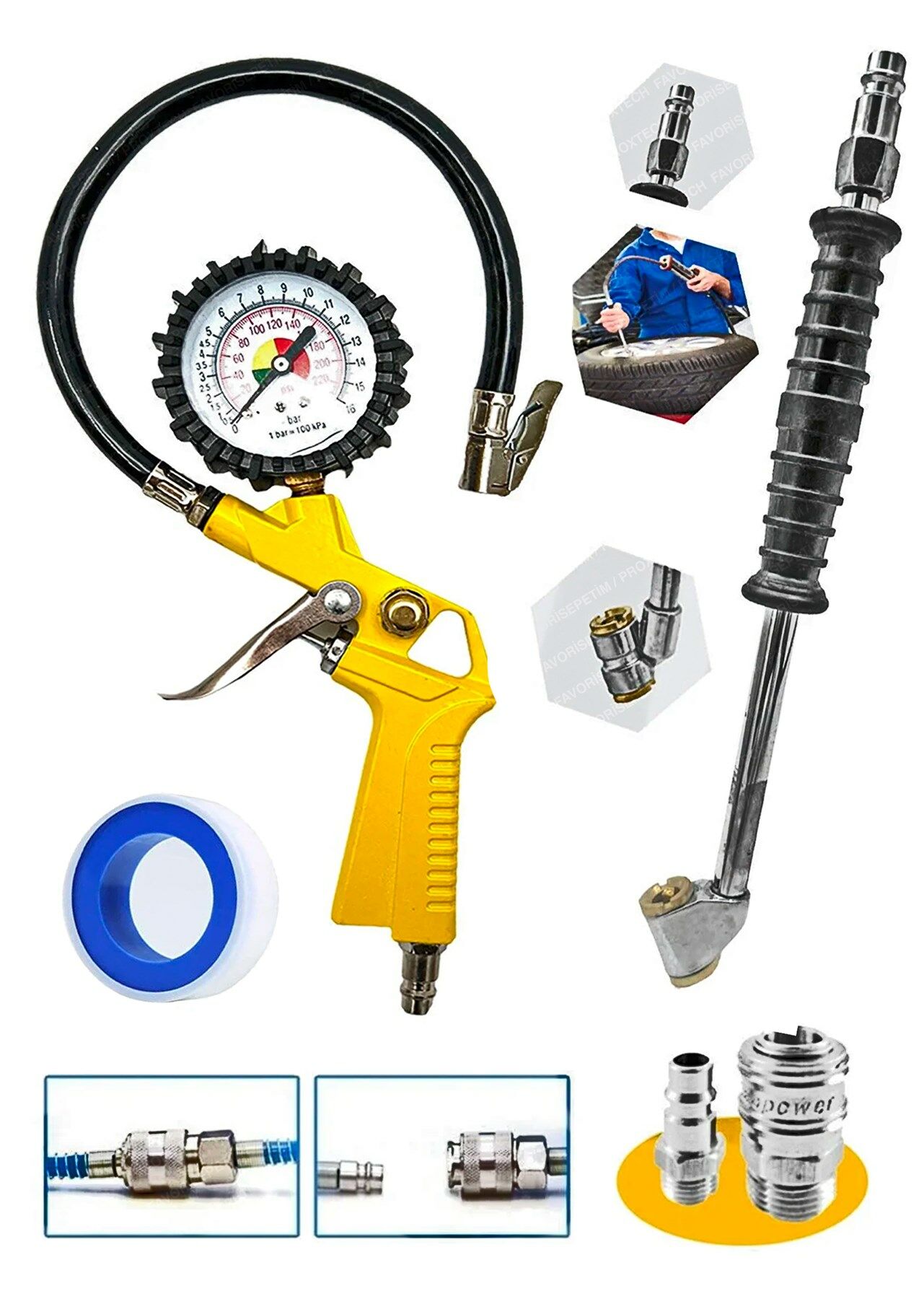 Yüksek Kalite  220 PSI Saatli Lastik Şişirme Hava Tabancası, Lastik Şişirme  Recor Set
