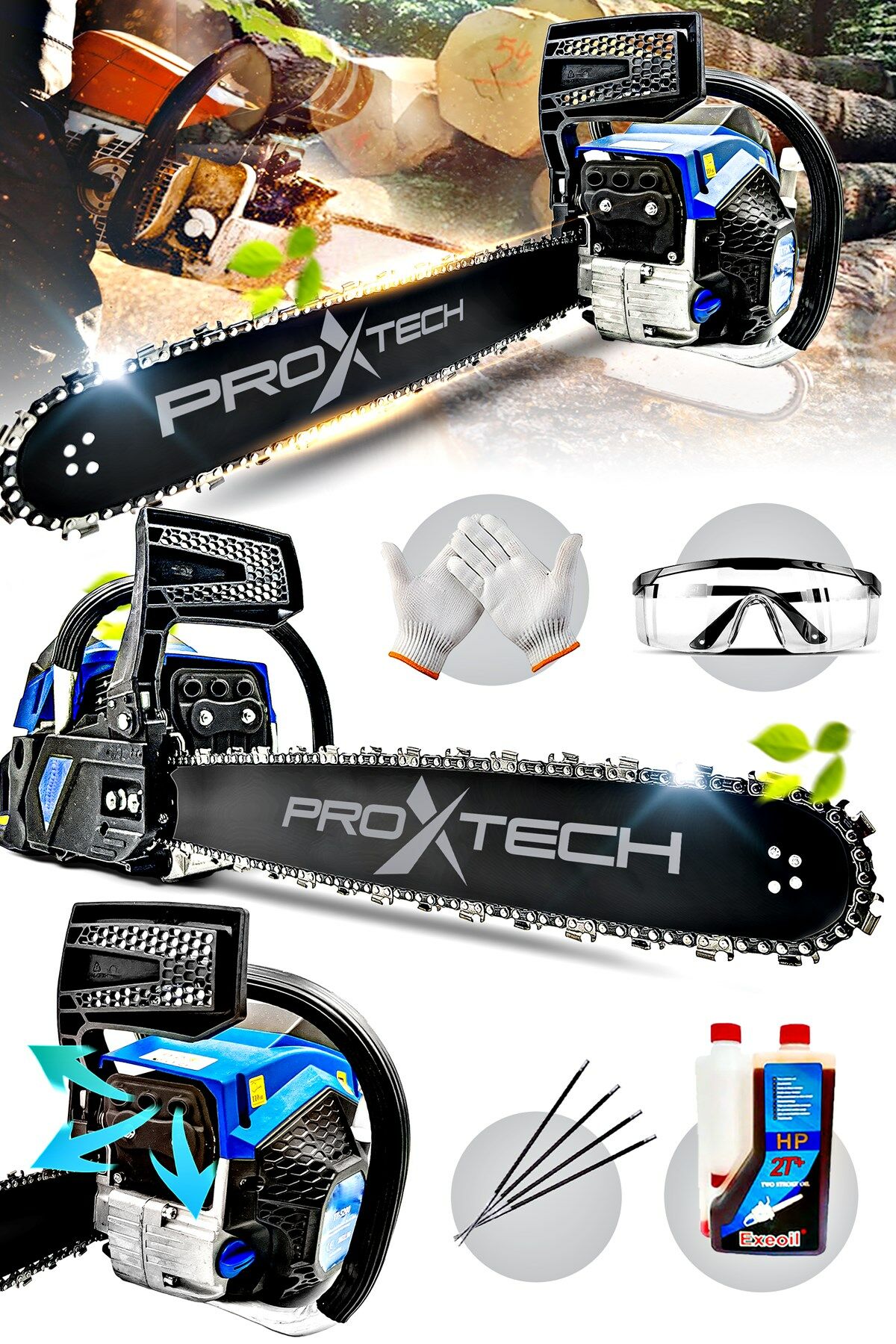 PROX5001 Benzinli 3 Eksozlu 50cm 52cc Ağaç Odun Dal Kesme Makinesi Motorlu Testere Full Set
