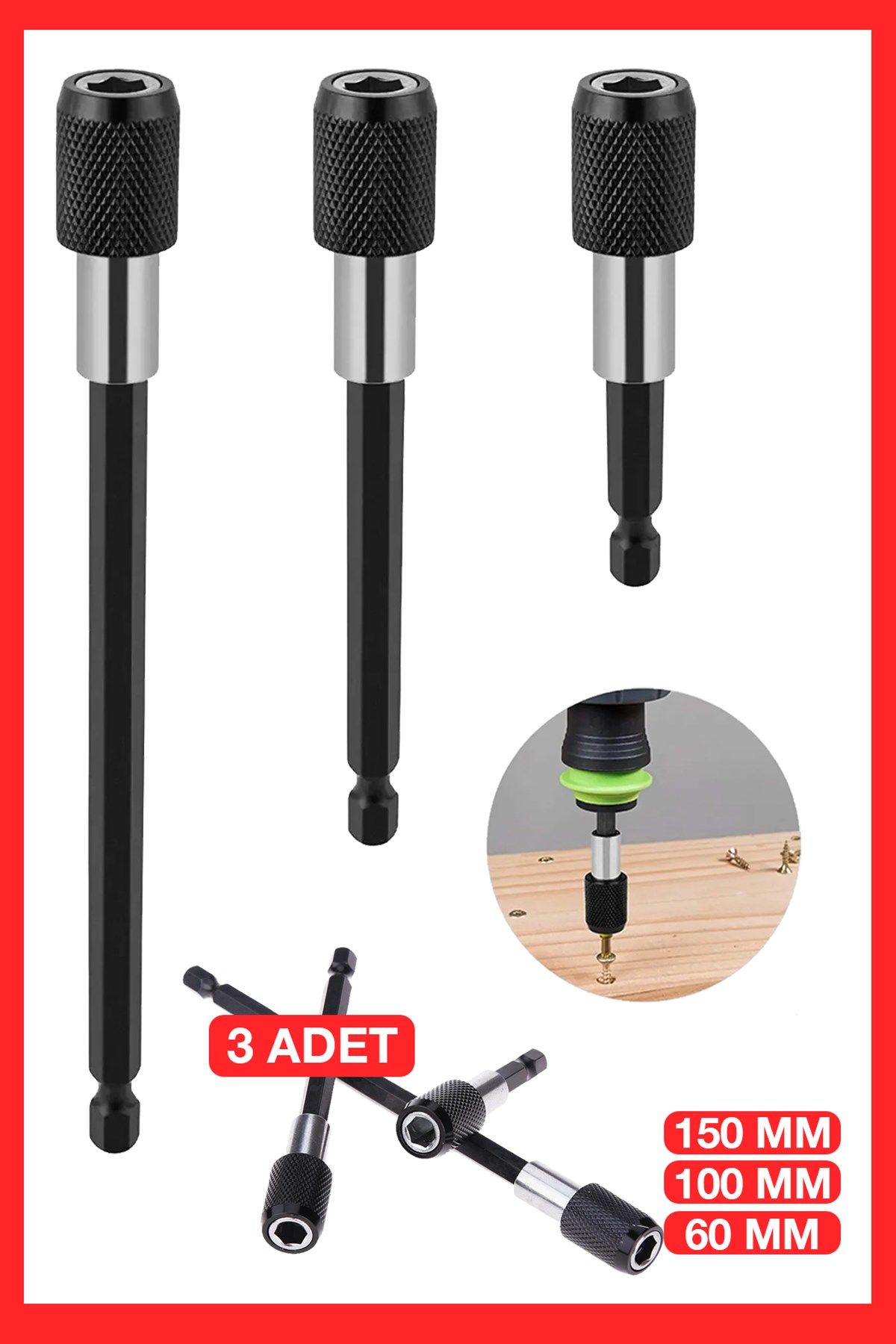 Profesyonel  Paslanmaz Vanadium Çelik   6 10 15 Cm 3 Lü Bits Uzatma Adaptörü 3 lü Takım