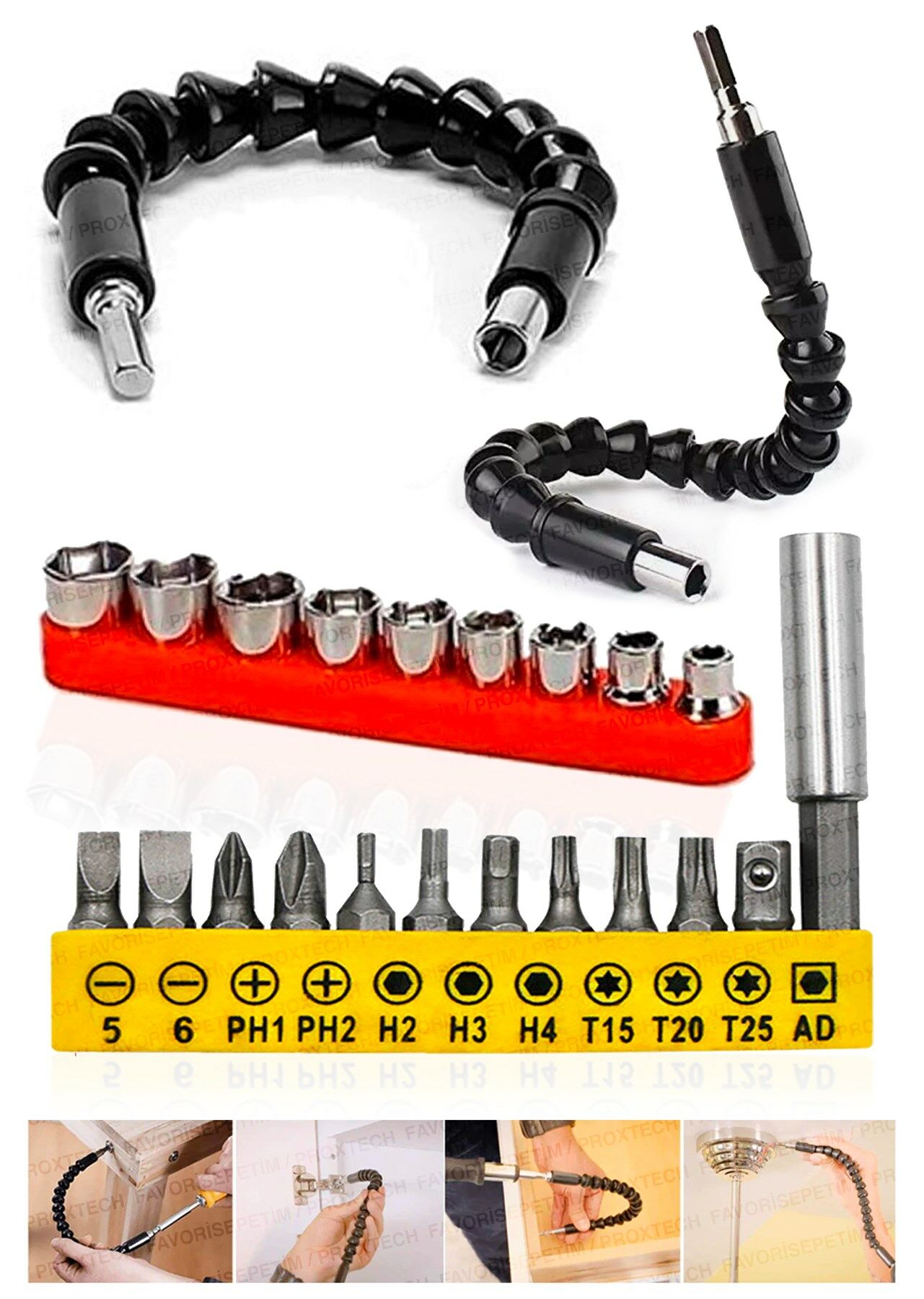 Pratik 21 Parça Çok Fonksiyonlu Tornavida Matkap Adaptör Bits Esnek Açı Uzatma Çubugu T/H/PH/Torx