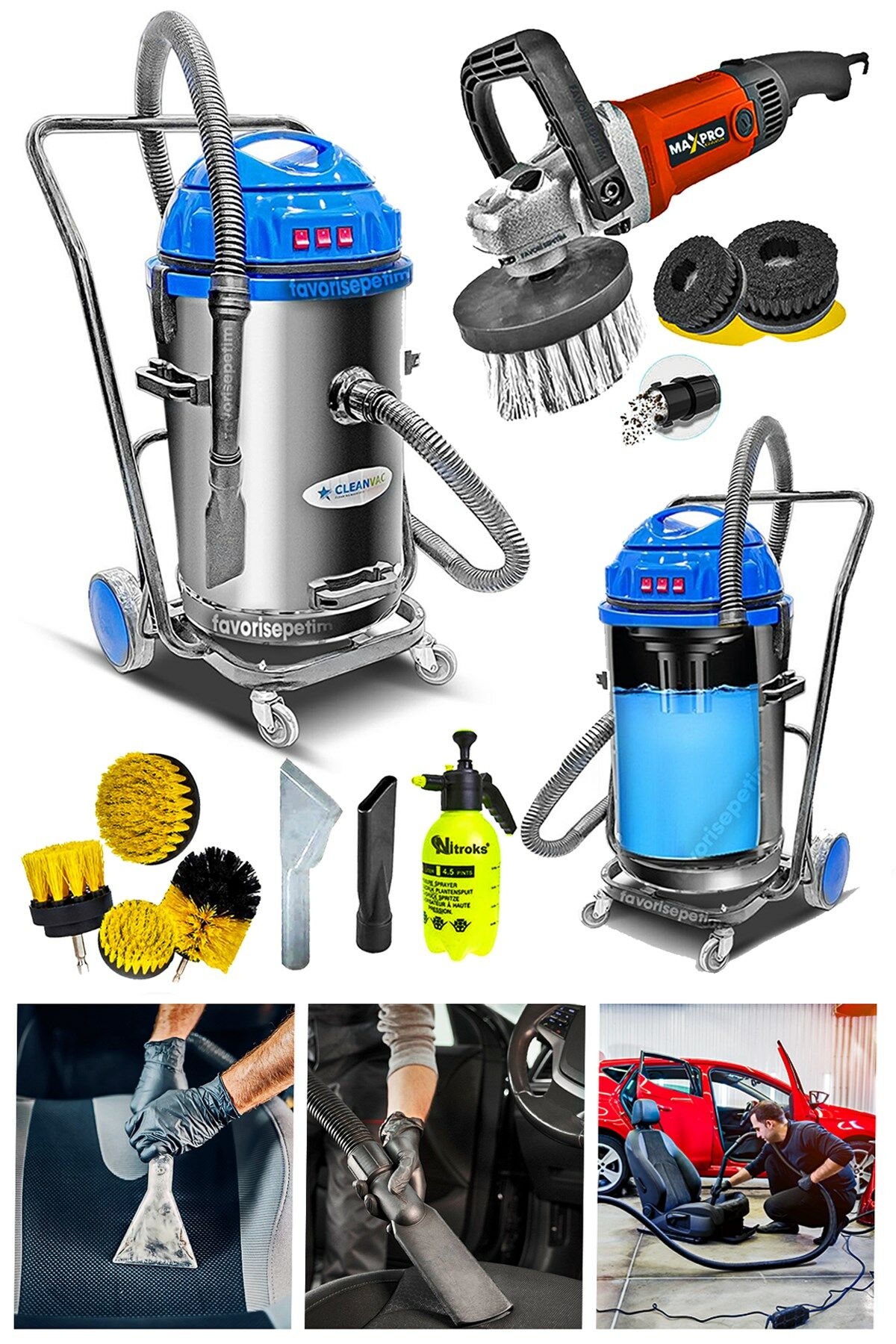 Her koşulda Yüksek Vakum  Halı Koltuk Yıkama Makinesi ve Koltuk Fırçalama Makinesi Süper Paket!